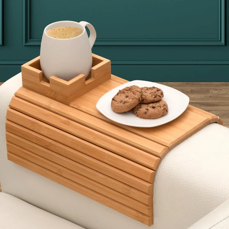 Bambus Sofa Organizer med Drikkeholder og Skridsikker Tablett