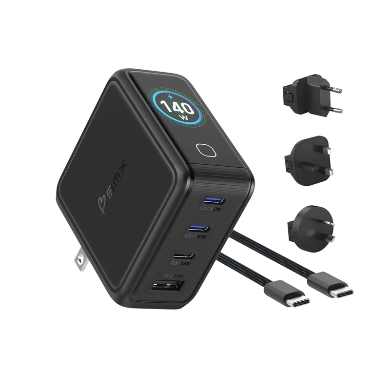 USB-C Laptop Oplader 140W med 4 porte og LCD-skærm