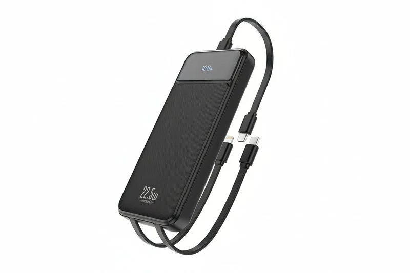 Powerbank med 10.000 mAh, indbyggede kabler, LED-display og hurtigopladning til 4 enheder