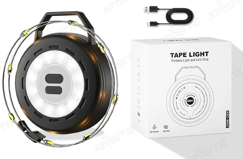 Campinglampe med USB-C genopladelig funktion | 14 timers lys og 3 indstillinger, IPX4, med indtrækkeligt kabel