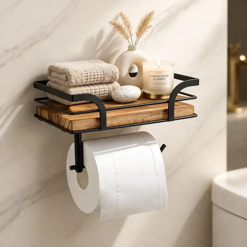 Væghylde med toiletpapirholder i metal og træ | 20,32 cm til badeværelse