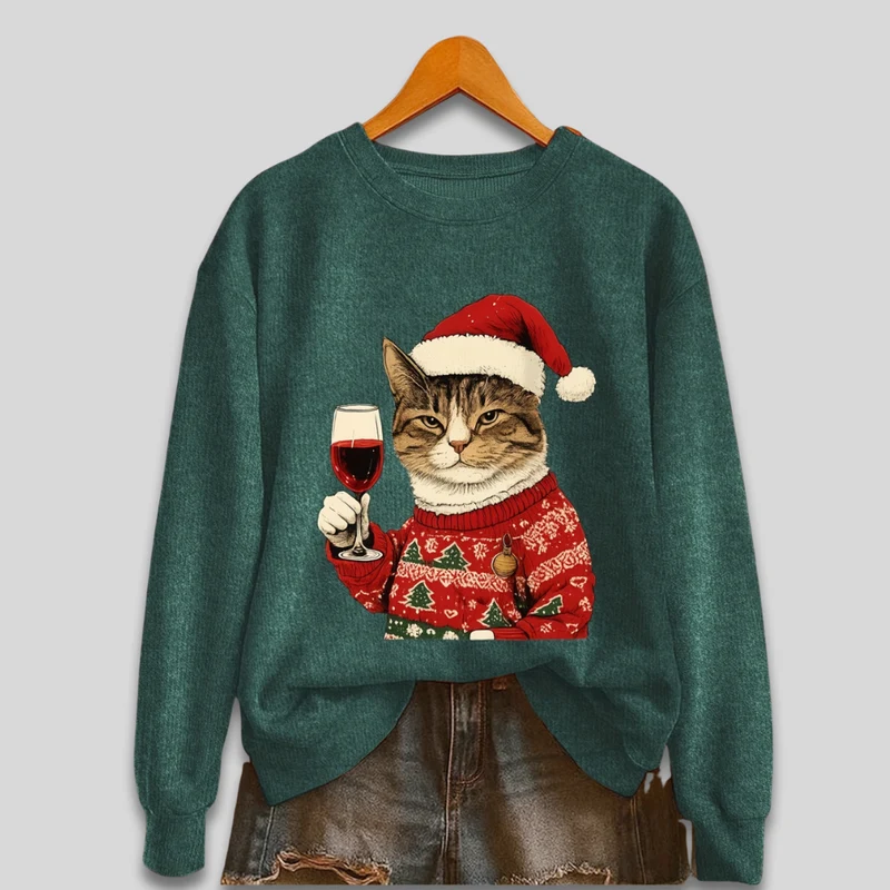 Funny Cat Santa Pullover til kvinder – Grimt Juletrøje