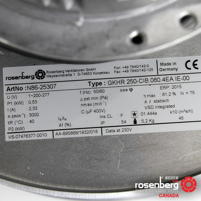Rosenberg Plug EC / ECM fan with backward-curved impeller. GKHR 250-CIB.080.4EA IE (Model N86-25307)