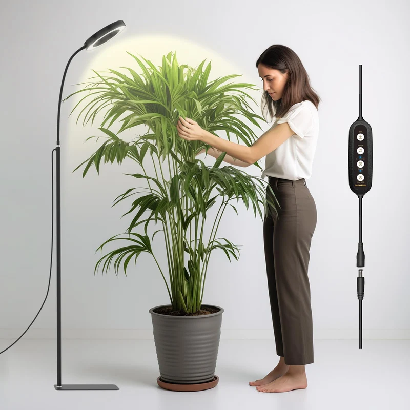 Indendørs Vækstlys til Planter, 20W LED med Automatisk Timer, Justerbart Stativ, 3 Lysindstillinger, 6 Niveaus Regulering (Sort)