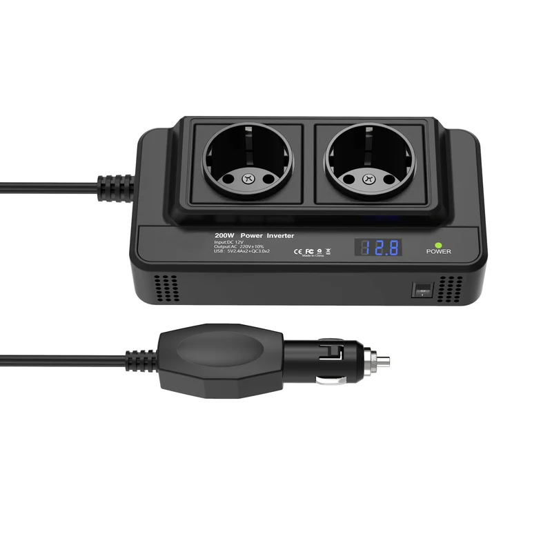 Kompakt 200W Bil Inverter – Dobbelt Stik og Fire USB-porte