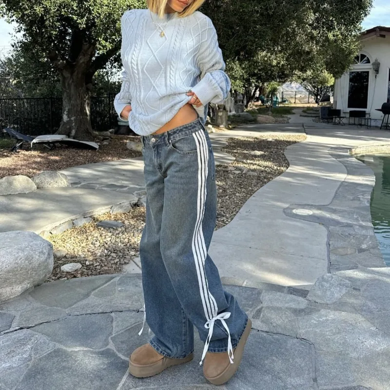 Baggy Efterårsjeans med Striber og Snører