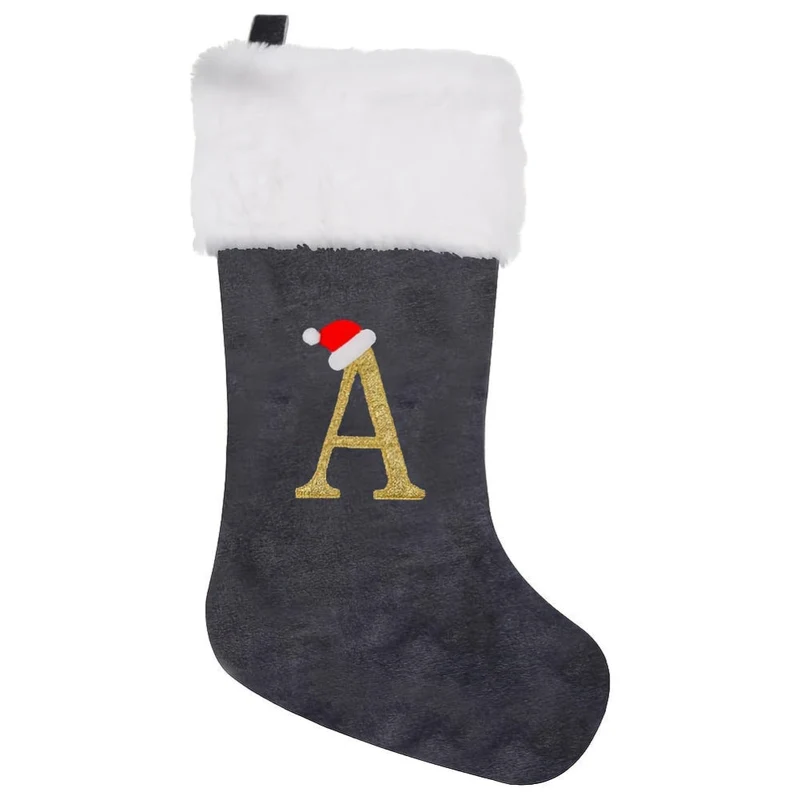 Grå Samt Julestrømper med Monogram Bogstav – Dekoration