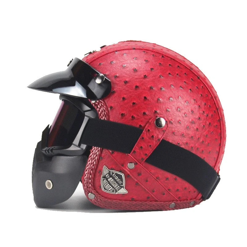 Vintage motorcykelhjelm i kunstlæder med visir og brillemaske