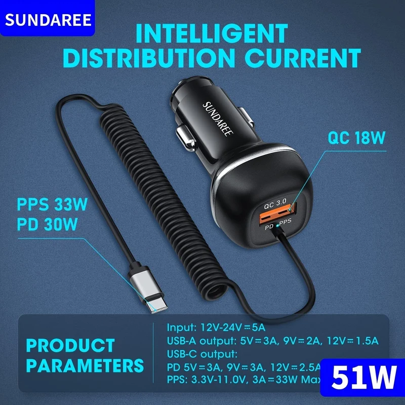 51W Hurtig USB-C Biloplader – Ideel til hurtig opladning af enheder