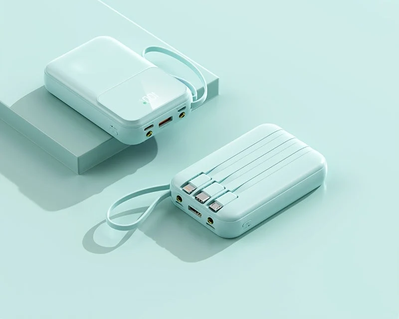 Bærbar Power Bank 10000mAh - Hurtigopladning med Integrerede Kabler
