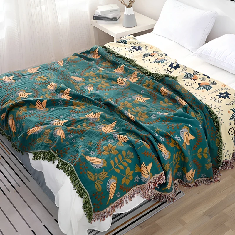 Reversibel bomuldsplaid med broderede fugle og blomster - Boho stil