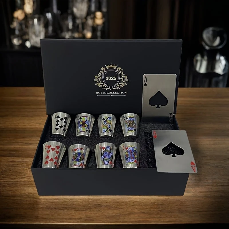 Elegante Whisky Glas Set med Kortmotiver og Flaskebrikker