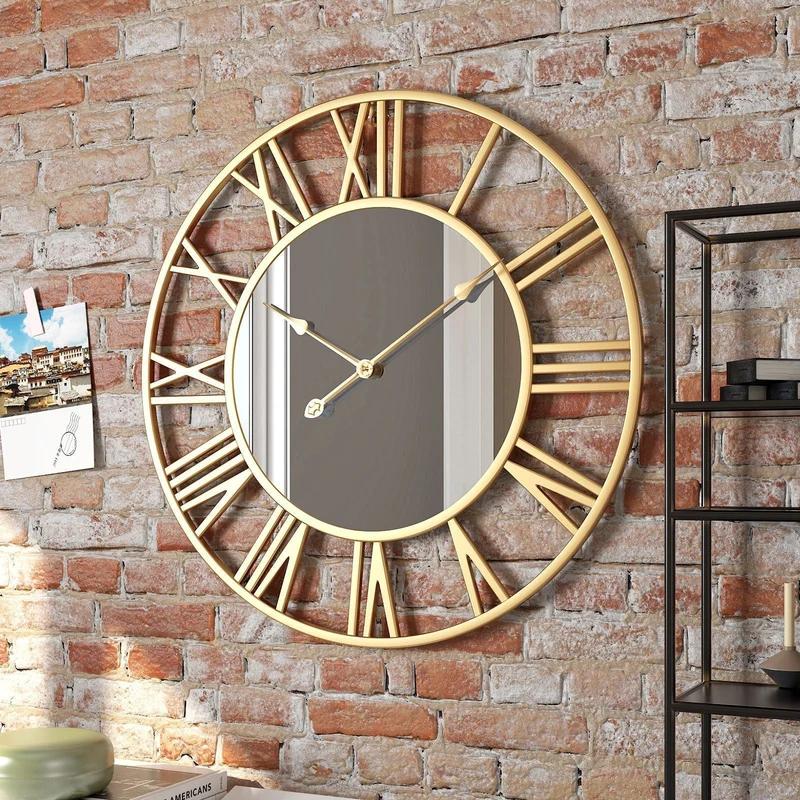 Stort Vintage Vægur i Metal med Spejl 39cm