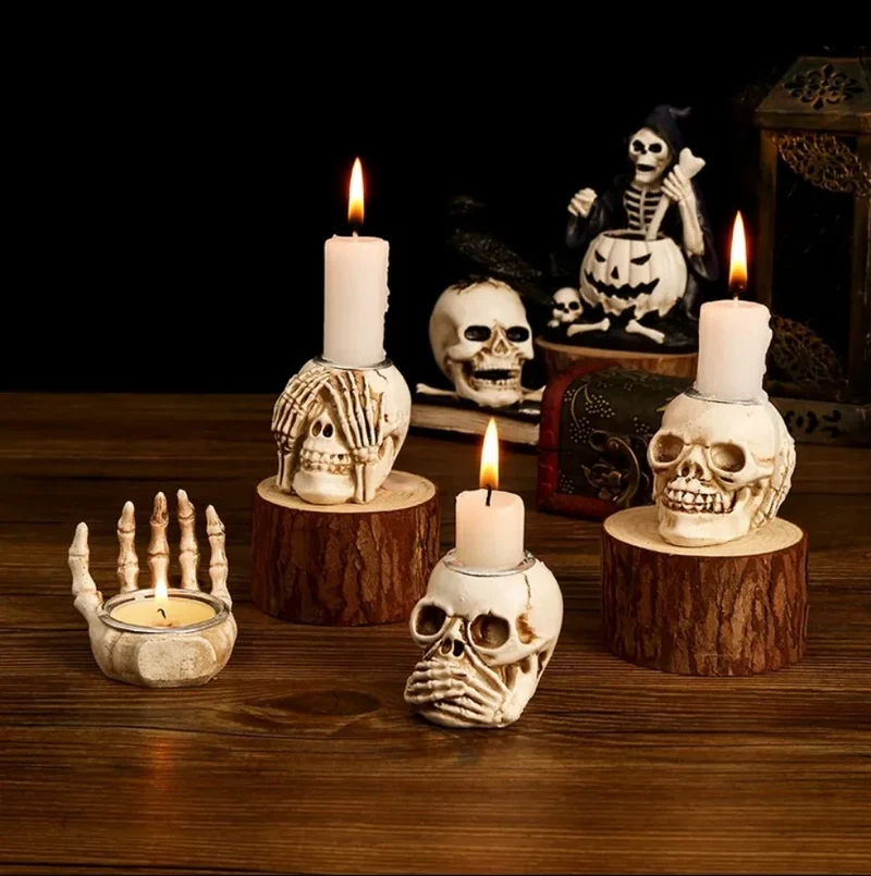 Elegante Skeletlysestage Sæt til Halloween - 3 Stk.