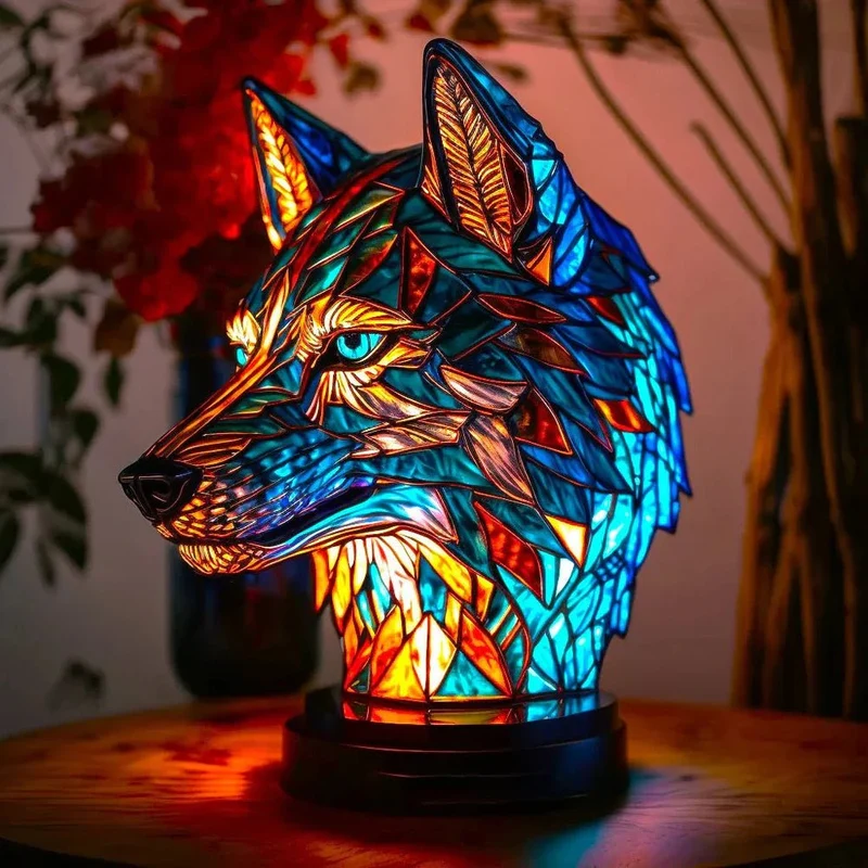 Unik Stained Glass Bordlampe med Dyreskulptur til Stemning