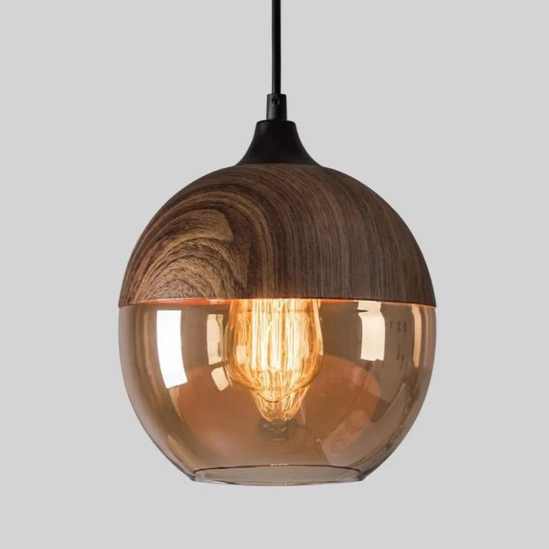 Elegant Skandinavisk Hængelampe i Træ med Getonet Glas