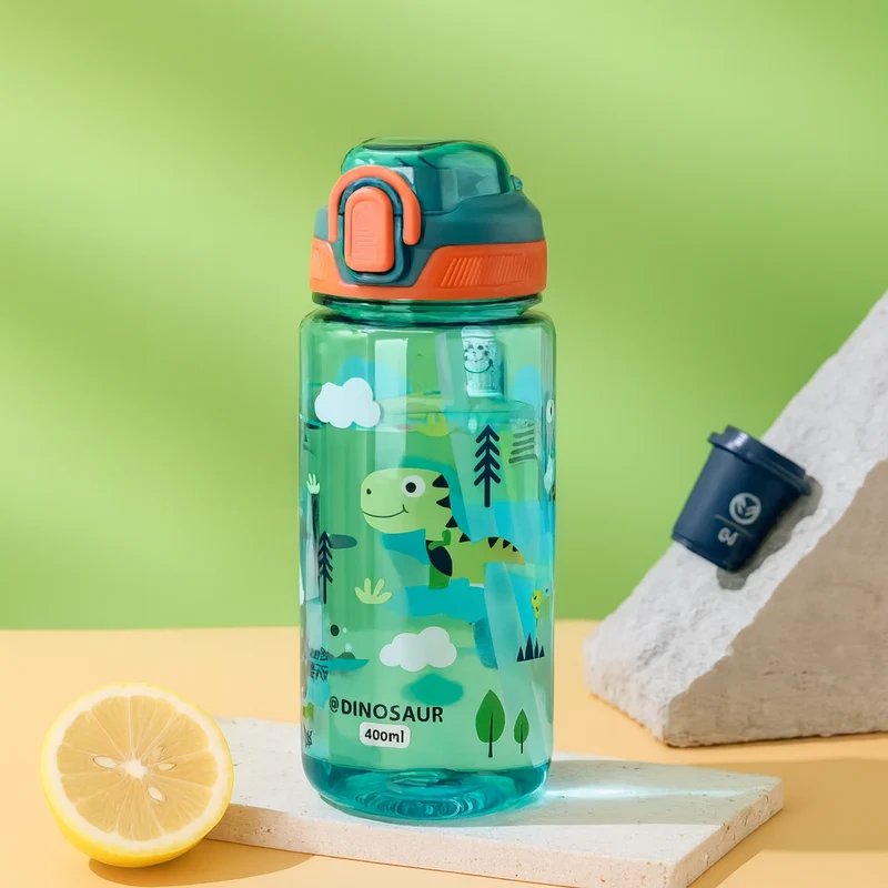 Dinosaur Flaske til Børn - 600ml med Sugerør og Tæt Låg