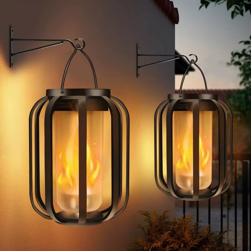 Solcelle- og USB-opladelig LED-lanterne med flammeeffekt