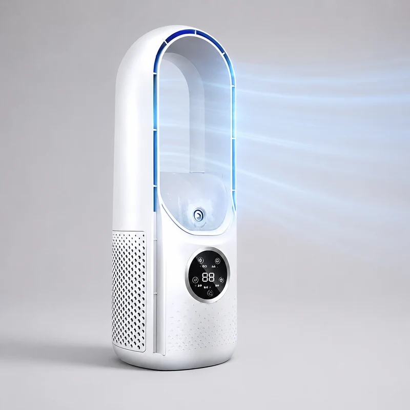 3-in-1 Bladeless Fan – Cooling, Humidifying, and Night Light, Quiet and Portable