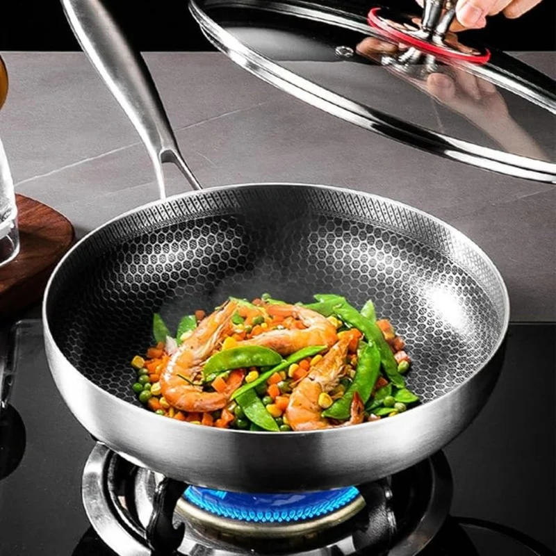 Stainless Steel Frying Pan with Honeycomb Coating and Glass Lid, 24 Cm